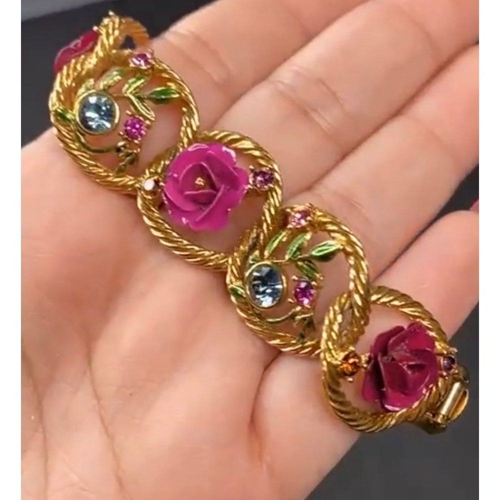 Joan Rivers Victorian Rose Flower Rhinestones Bracelet VTG Jewelry Collectable